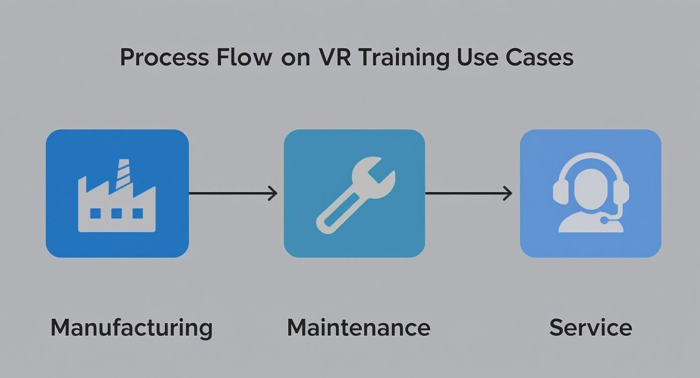 A process flow diagram illustrating VR training applications across manufacturing, maintenance, and service.