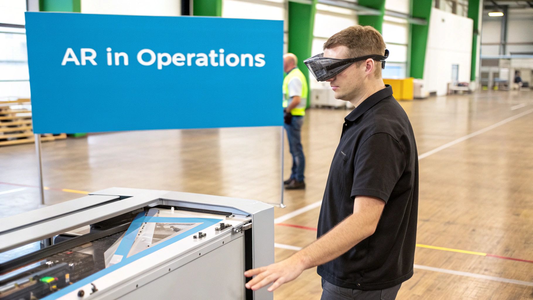 A man wearing an AR headset inspects machinery in an industrial setting, with an "AR in Operations" sign.