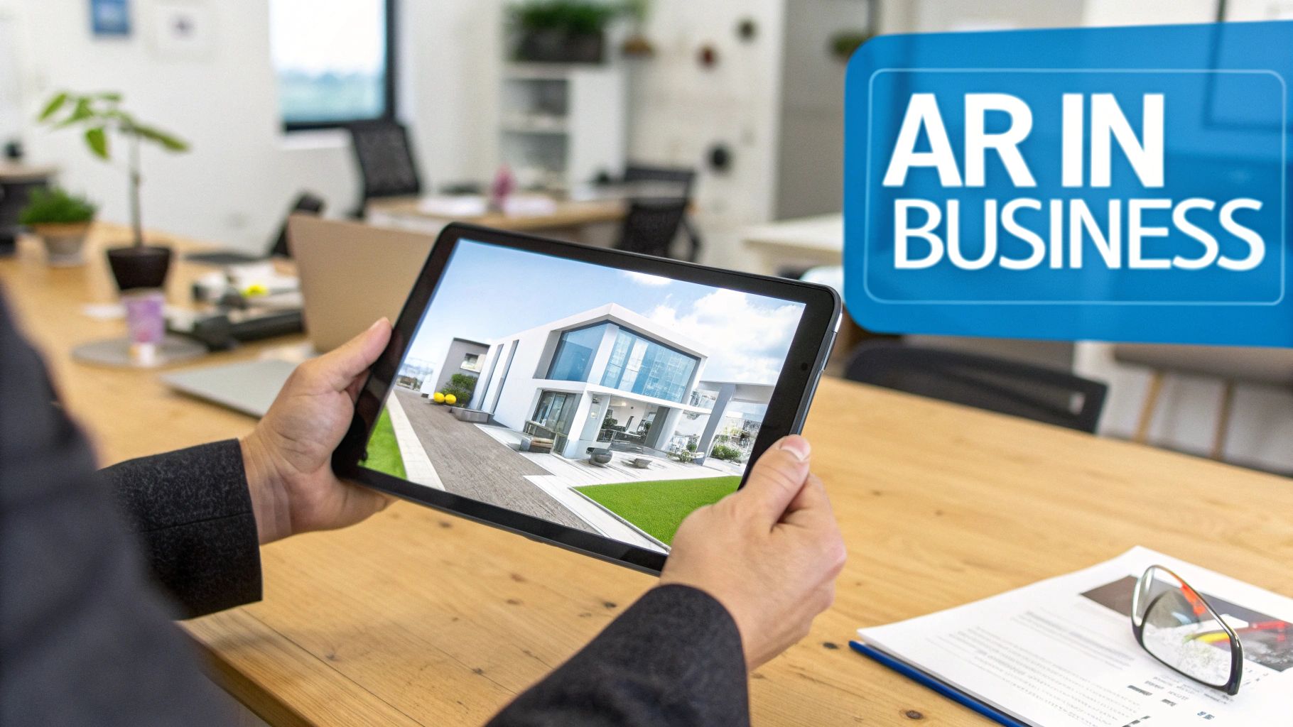 An engineer using an augmented reality headset to visualize a digital overlay on physical machinery.