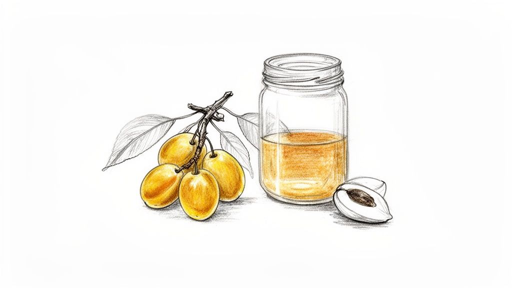 Rysunek przedstawiający gałązkę z żółtymi mirabelkami, słoik z bursztynowym płynem oraz przekrojoną śliwkę z pestką.