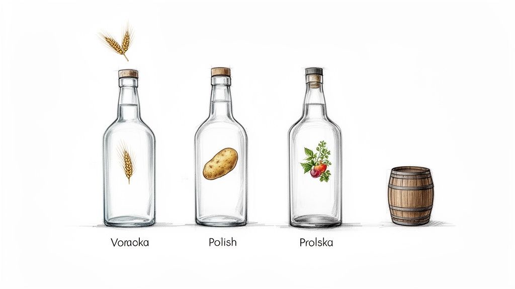 Trzy butelki prezentujące różne rodzaje polskich wódek z ich bazowymi składnikami (pszenica, ziemniak, jagody) i drewniana beczka.