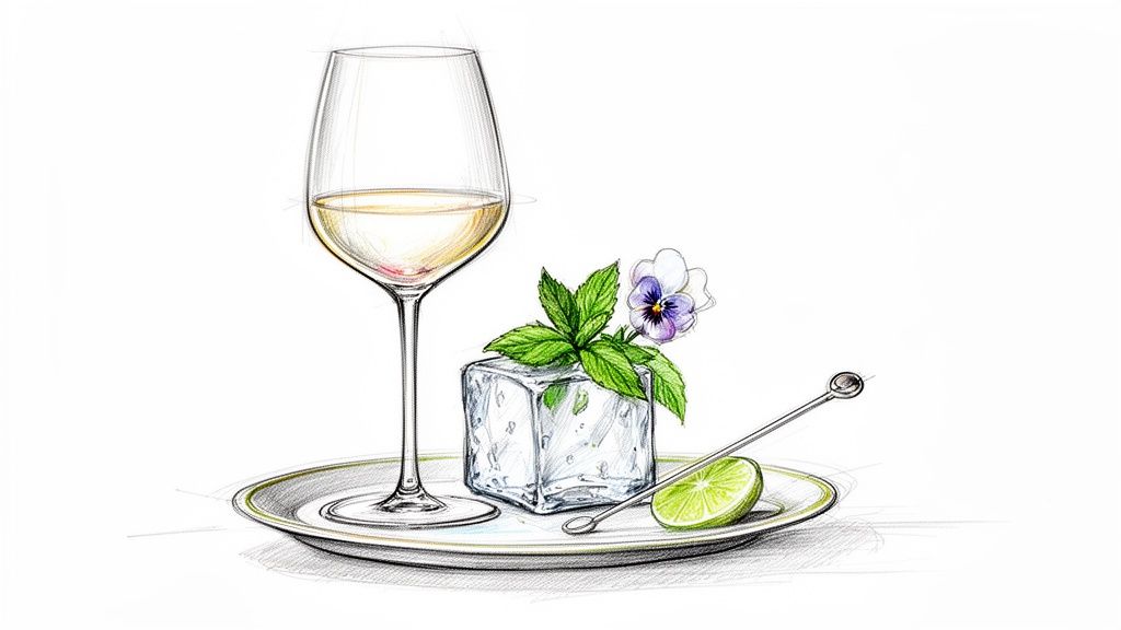 Szkic kompozycji z białym winem, kostką lodu z miętą, kwiatem i limonką na talerzu.