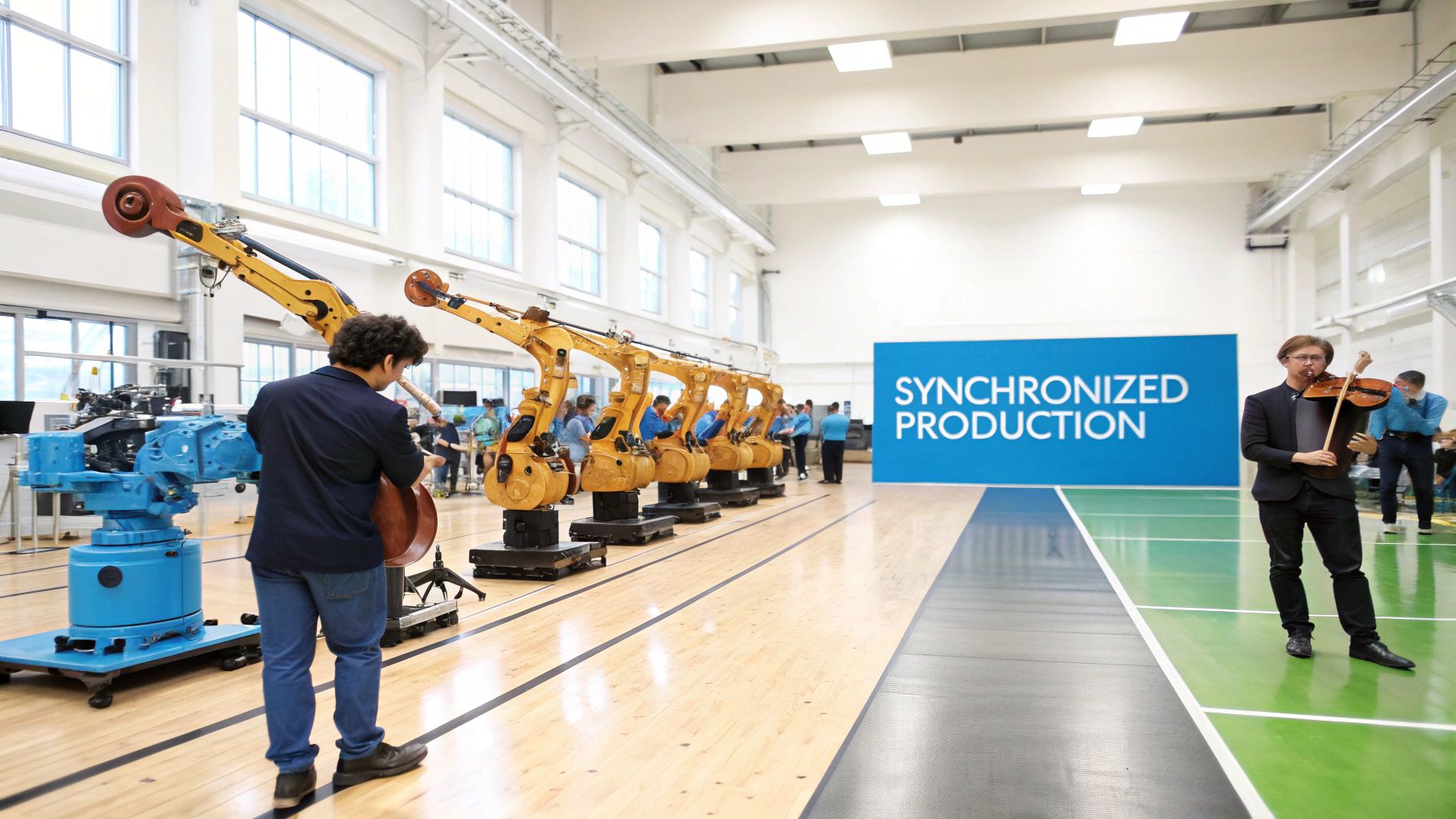 Musicians perform with unique string instruments amidst industrial robots and a "Synchronized Production" banner.