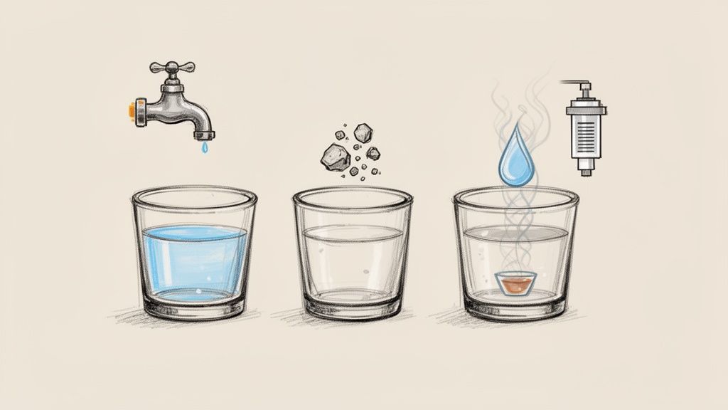 Trzy szklanki z wodą: kranowa, zanieczyszczona kamieniami oraz oczyszczona destylacją i filtrem.