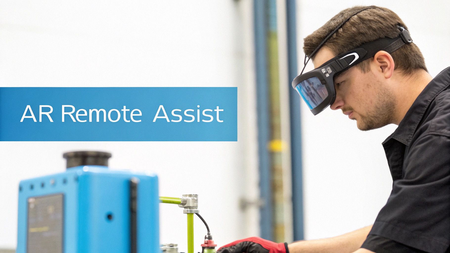 A technician wearing AR glasses while working on complex industrial machinery, with digital overlays providing instructions.