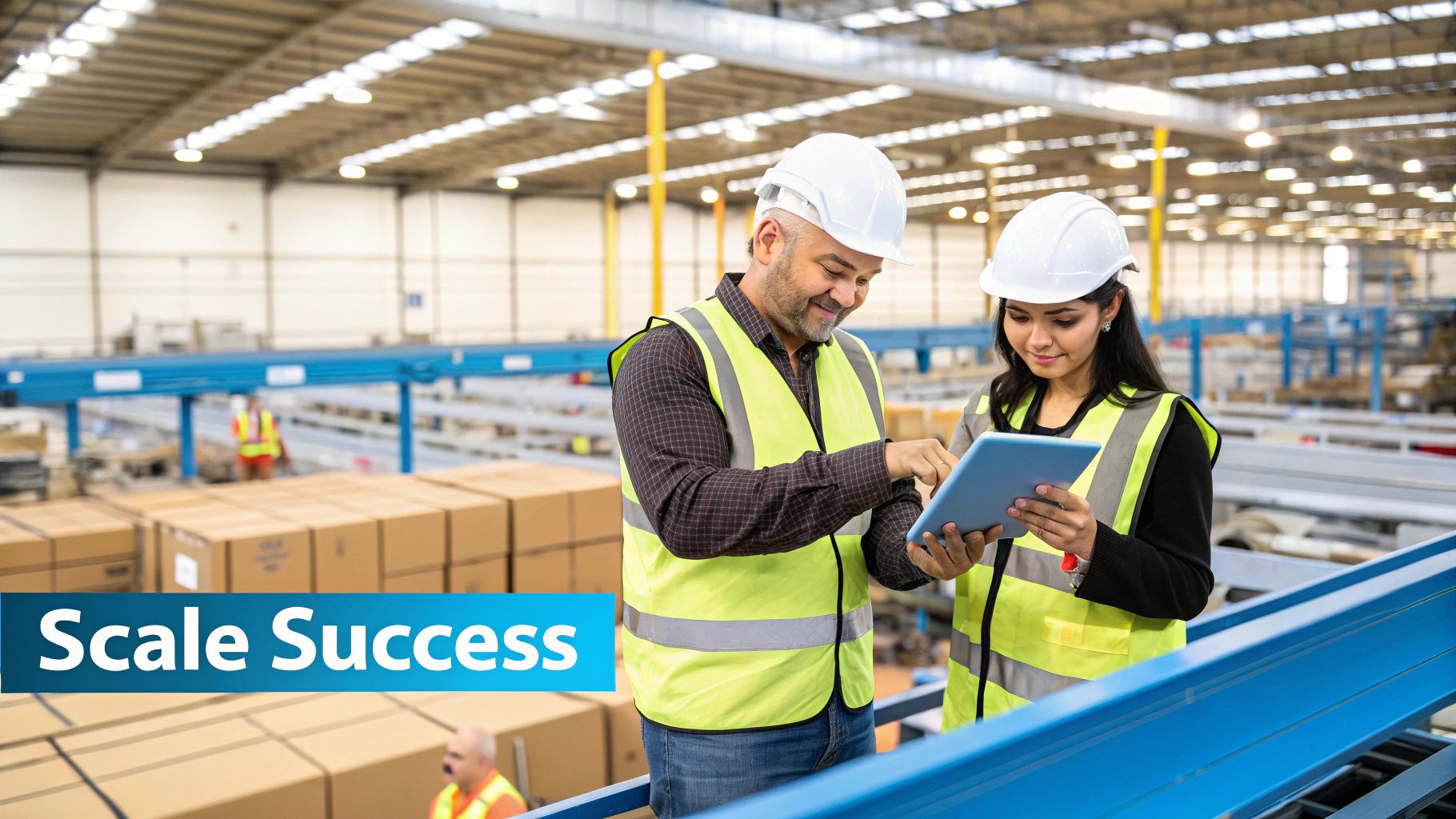 Two warehouse workers in hard hats and safety vests review data on a tablet.