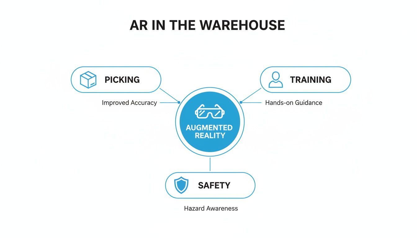 Diagram showing Augmented Reality applications in a warehouse for picking, training, and safety improvements.