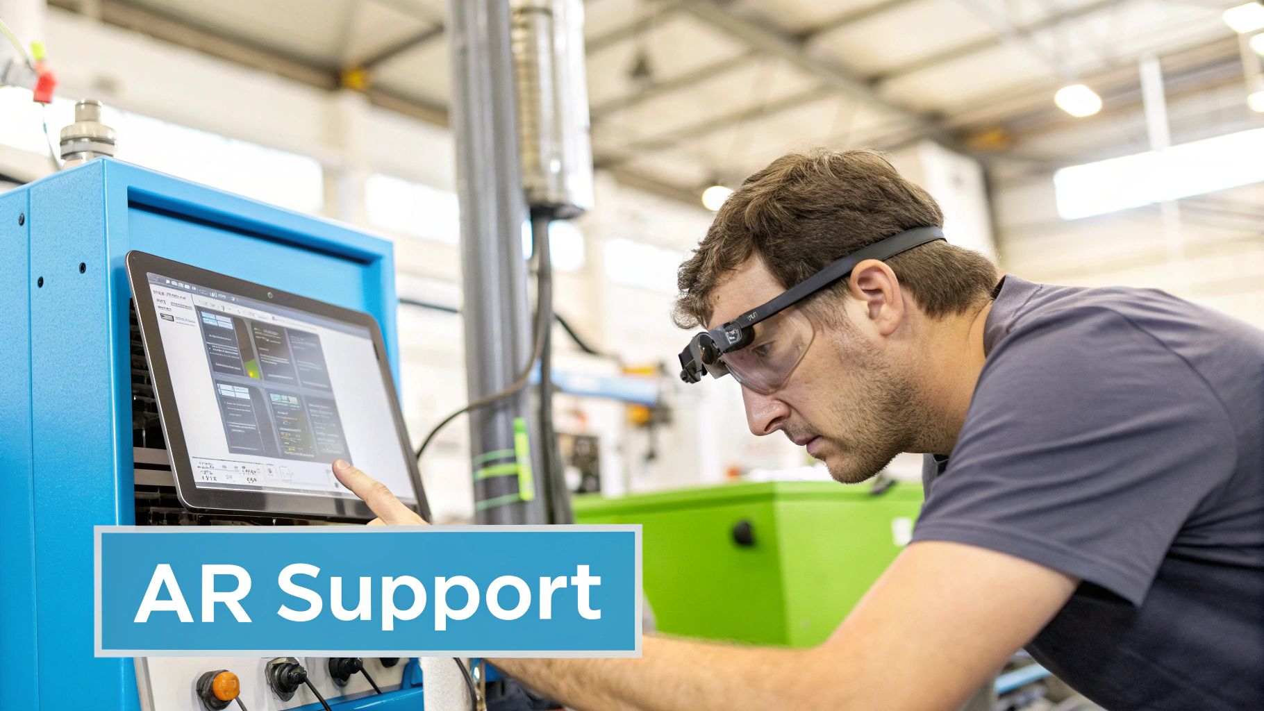 Industrial worker using AR glasses and a touchscreen panel on a blue machine in a workshop.