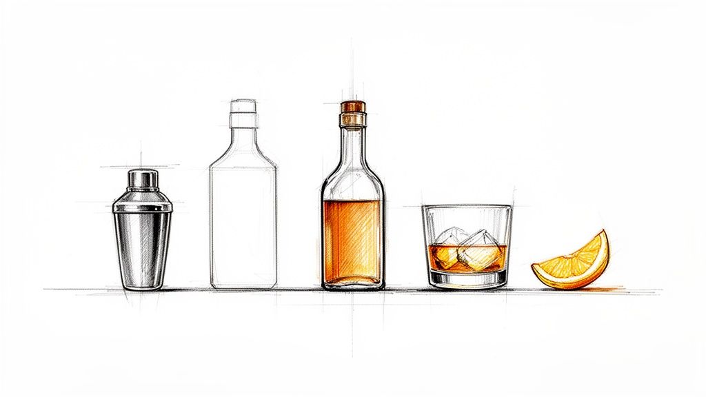 Szkice akwarelowe składników i narzędzi do koktajli: shaker, butelki, szklanka z lodem i plasterek pomarańczy.