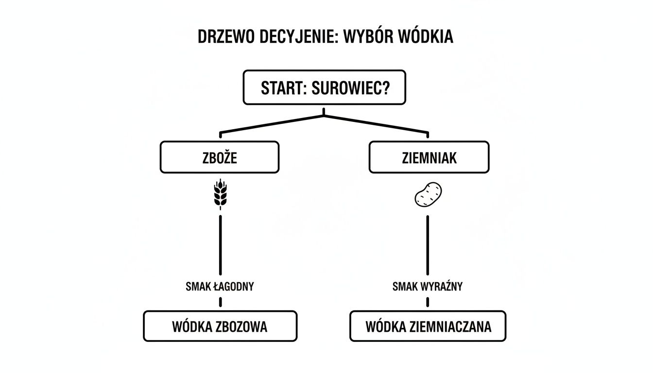 Drzewo decyzyjne wyboru wódki, przedstawiające opcje zboża dla łagodnego smaku i ziemniaka dla wyraźnego.