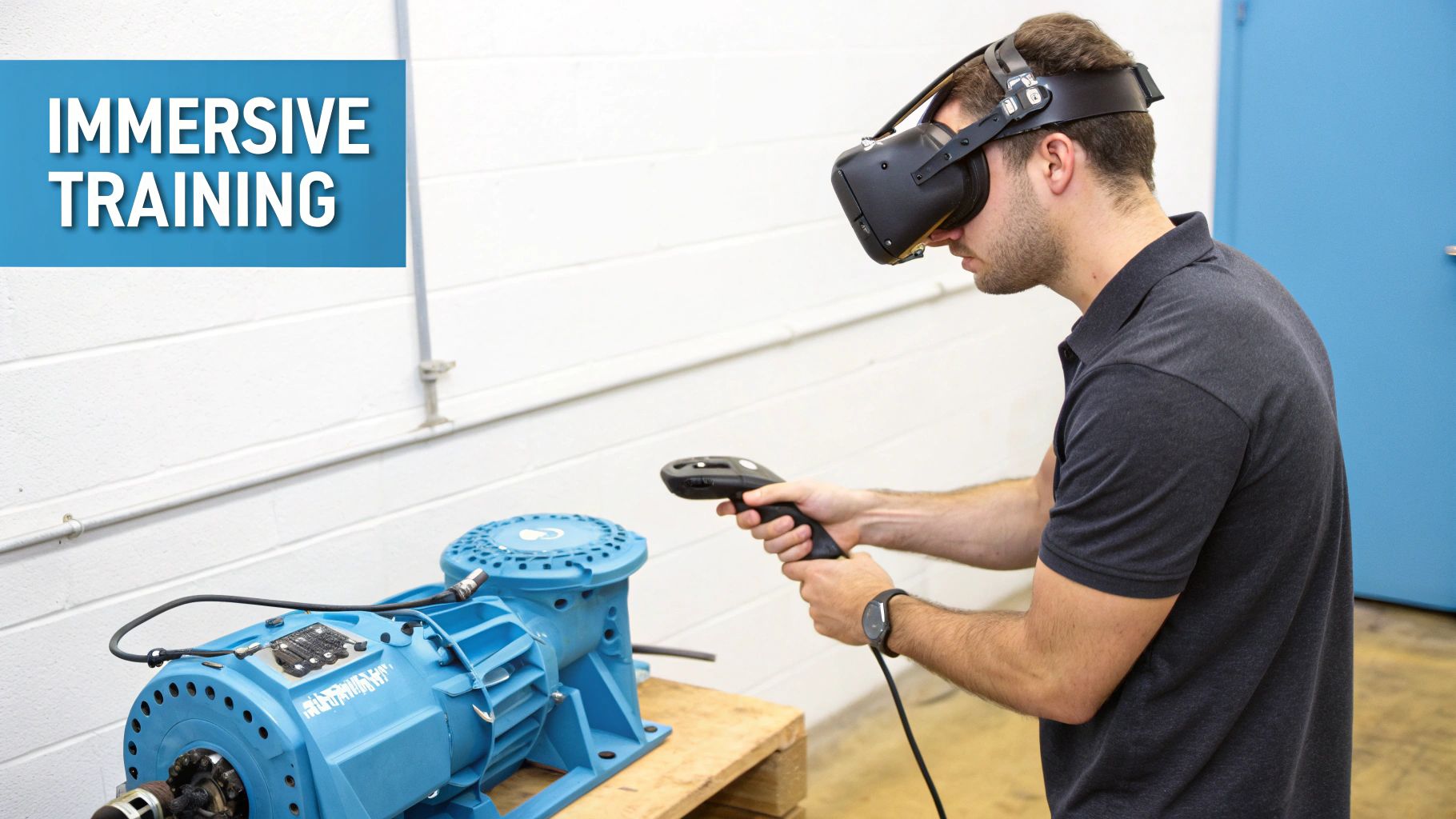 A man wearing a VR headset uses a handheld scanner on a blue industrial machine for training.