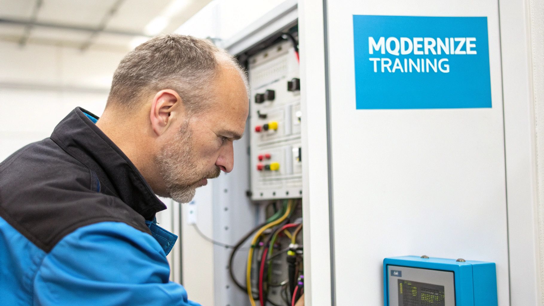 A maintenance technician in a blue jacket inspects wiring inside an electrical panel during training.