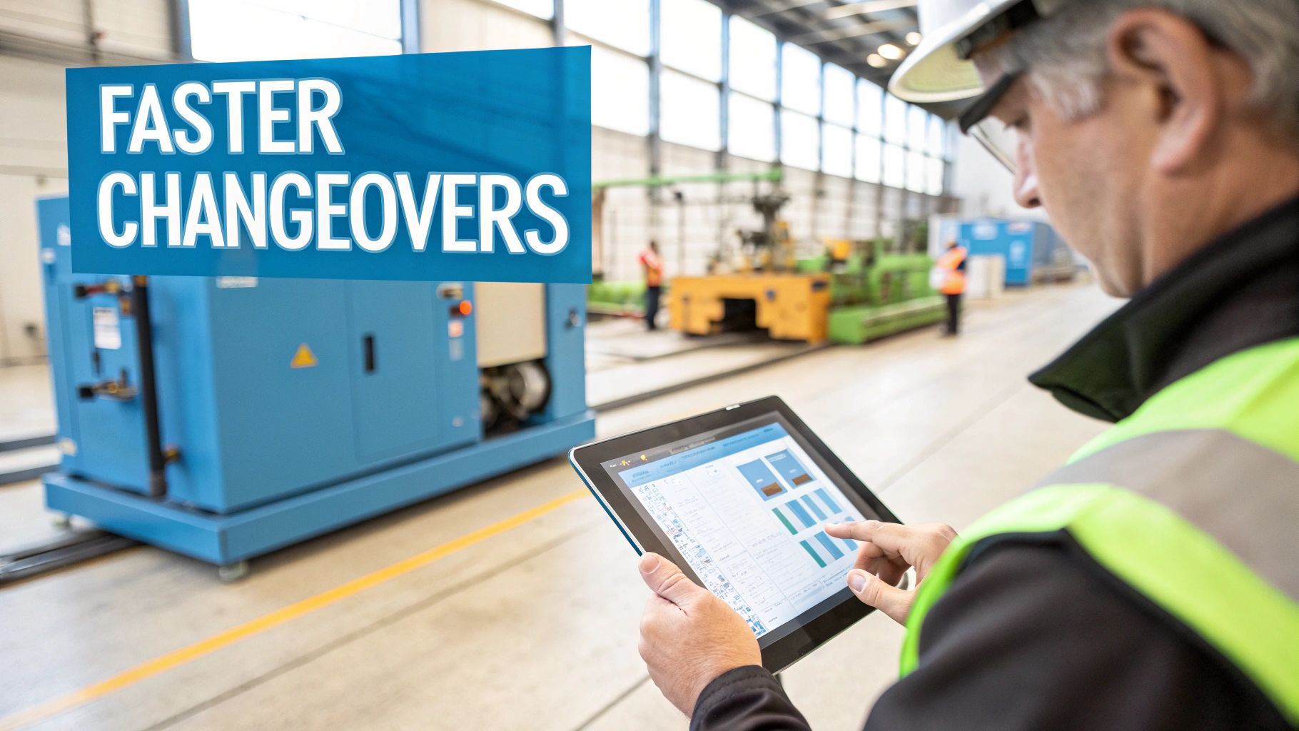 Technician using a tablet to review manufacturing data on the factory floor