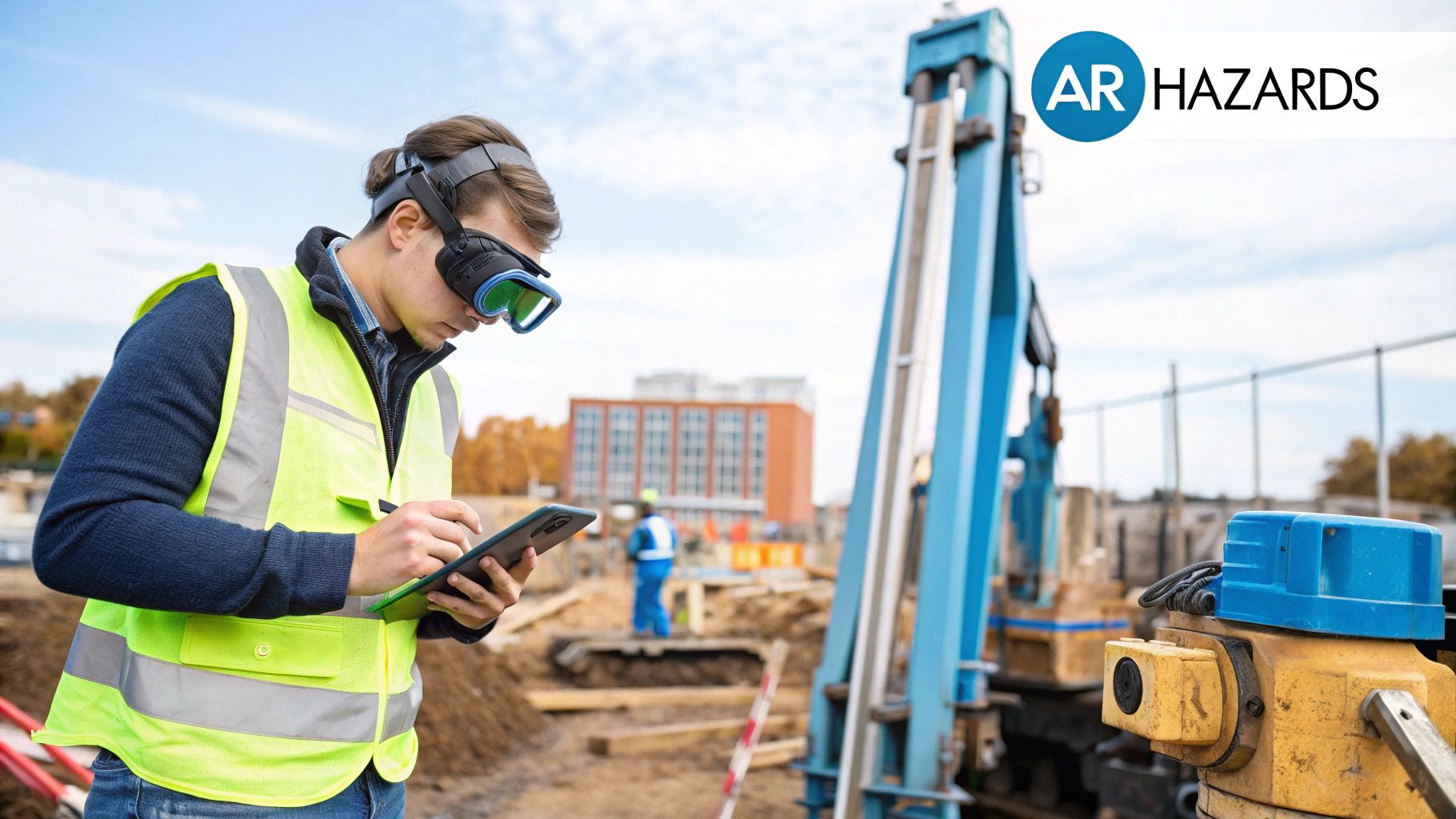 A technician wearing AR glasses, focused on a digital overlay while working on machinery.