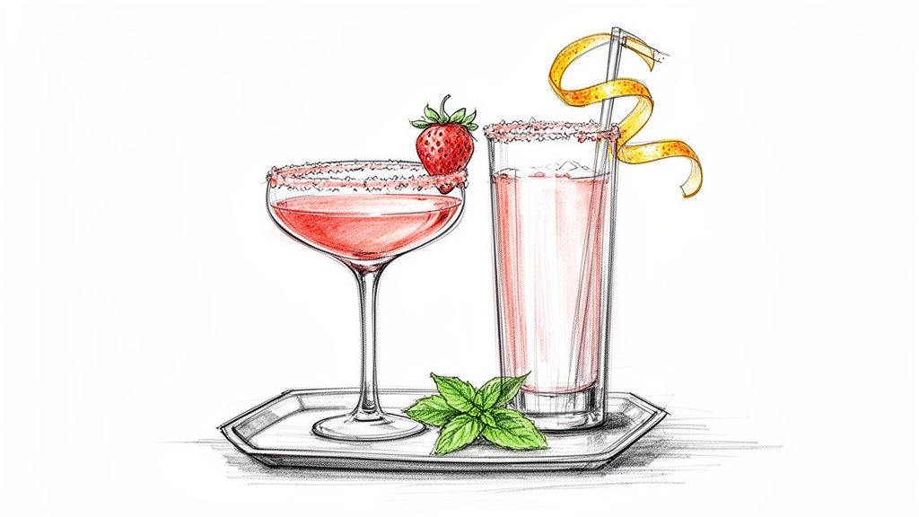 Dwa różowe koktajle na tacy, jeden z truskawką, drugi ze skórką cytrynową i miętą.