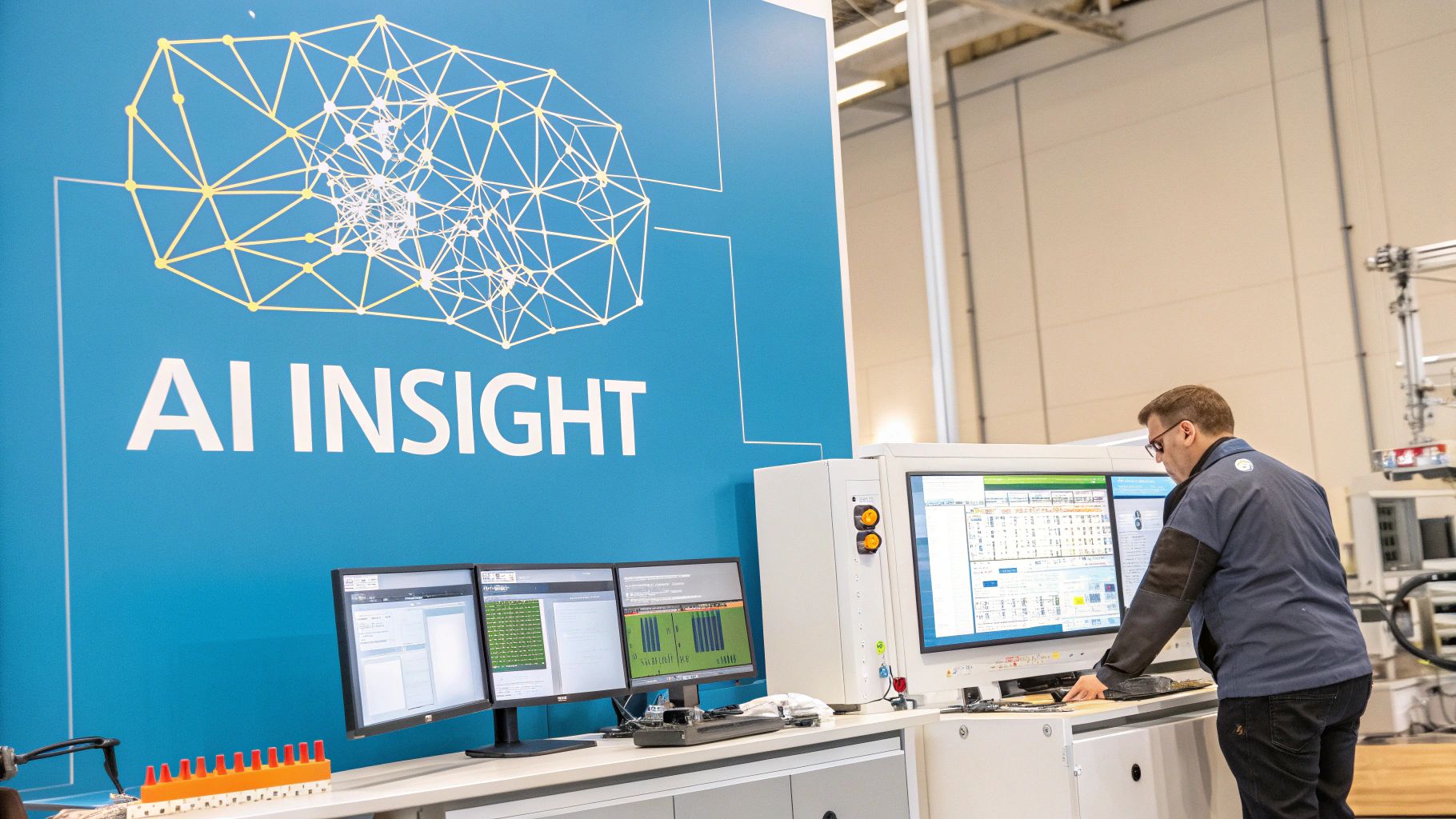 Technician examining machinery with digital overlays