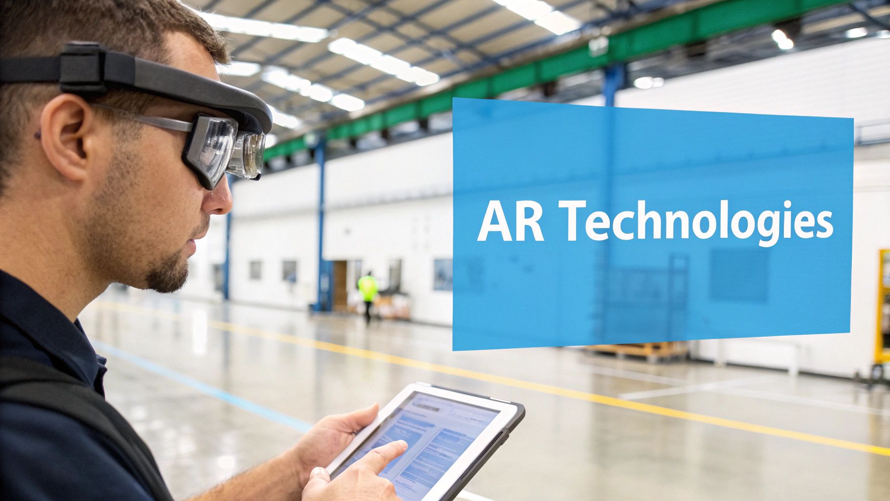 Man wearing augmented reality goggles and holding a tablet in a warehouse, with 'AR Technologies' overlay.