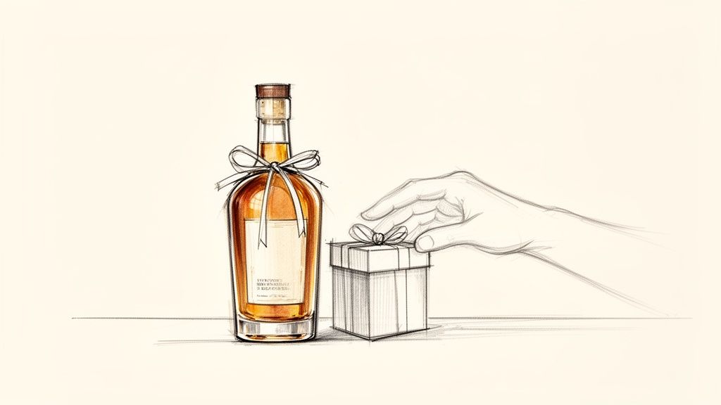 Szkic butelki alkoholu z kokardą obok pudełka prezentowego, do którego sięga ręka.