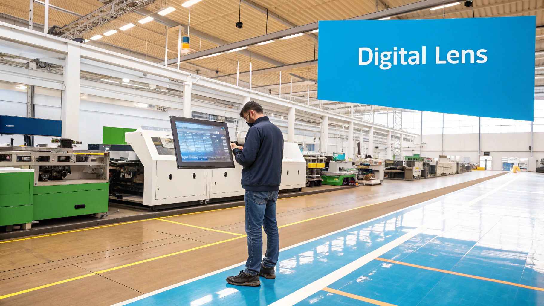 An industrial worker using an augmented reality headset to interact with a digital overlay on a piece of machinery.