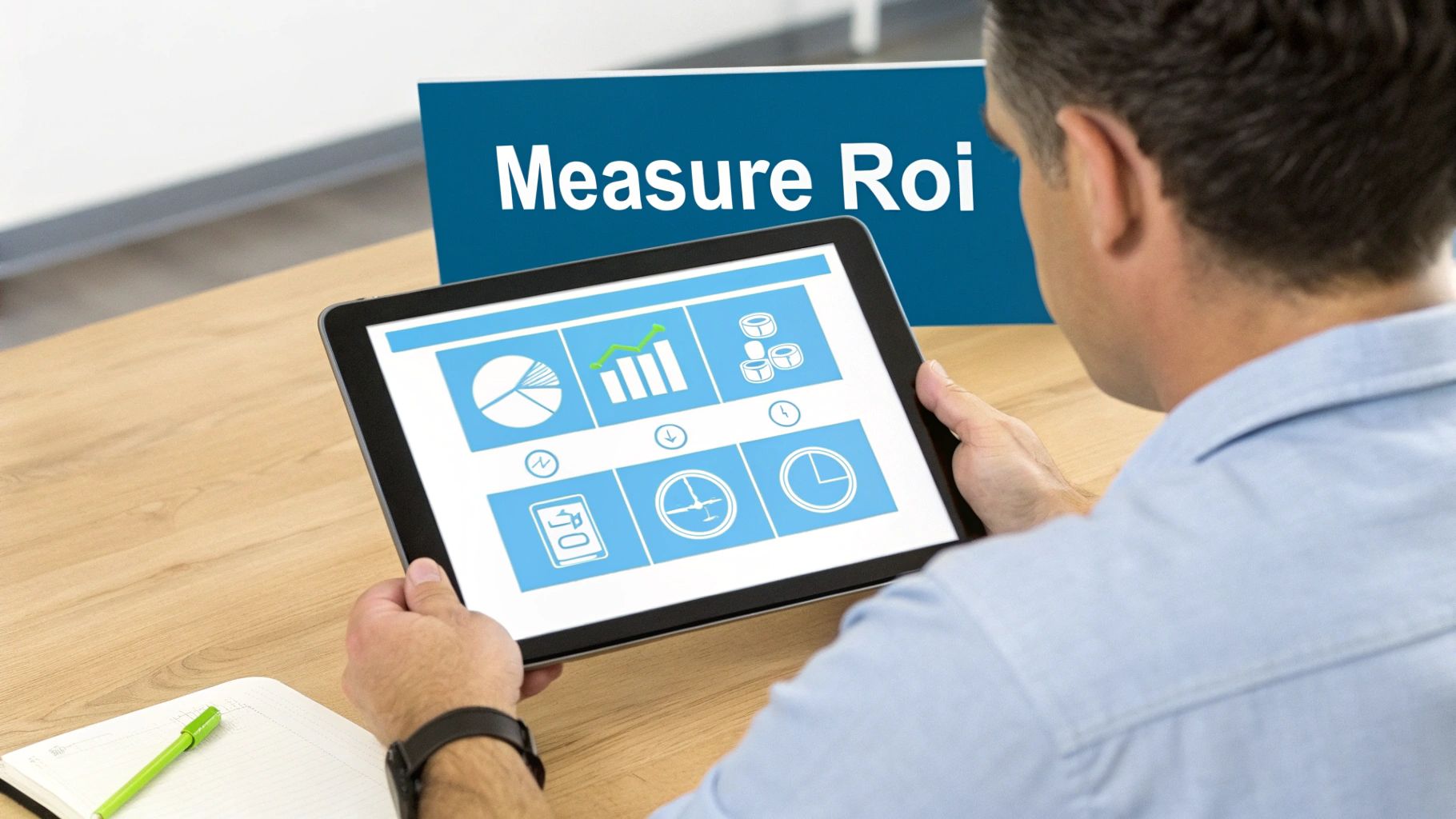Man analyzing ROI data on a digital tablet with charts, graphs, and a "Measure ROI" sign.