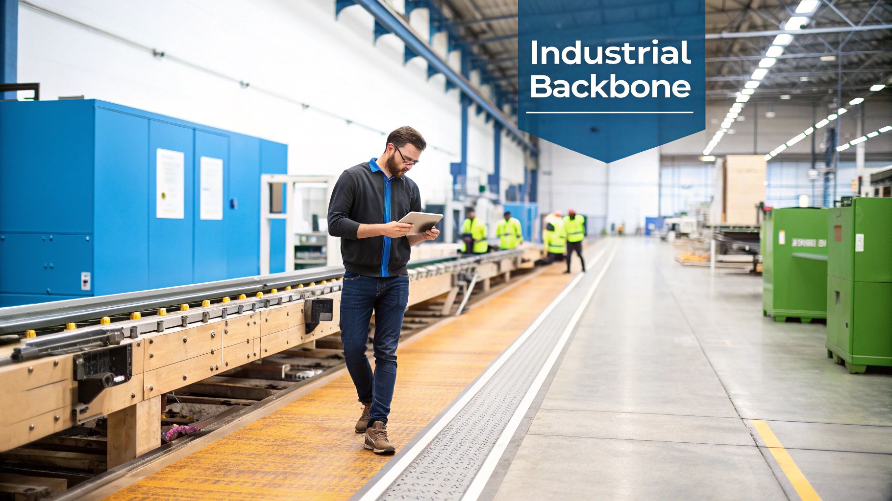 A man with a tablet walks along a conveyor belt in a large industrial factory.