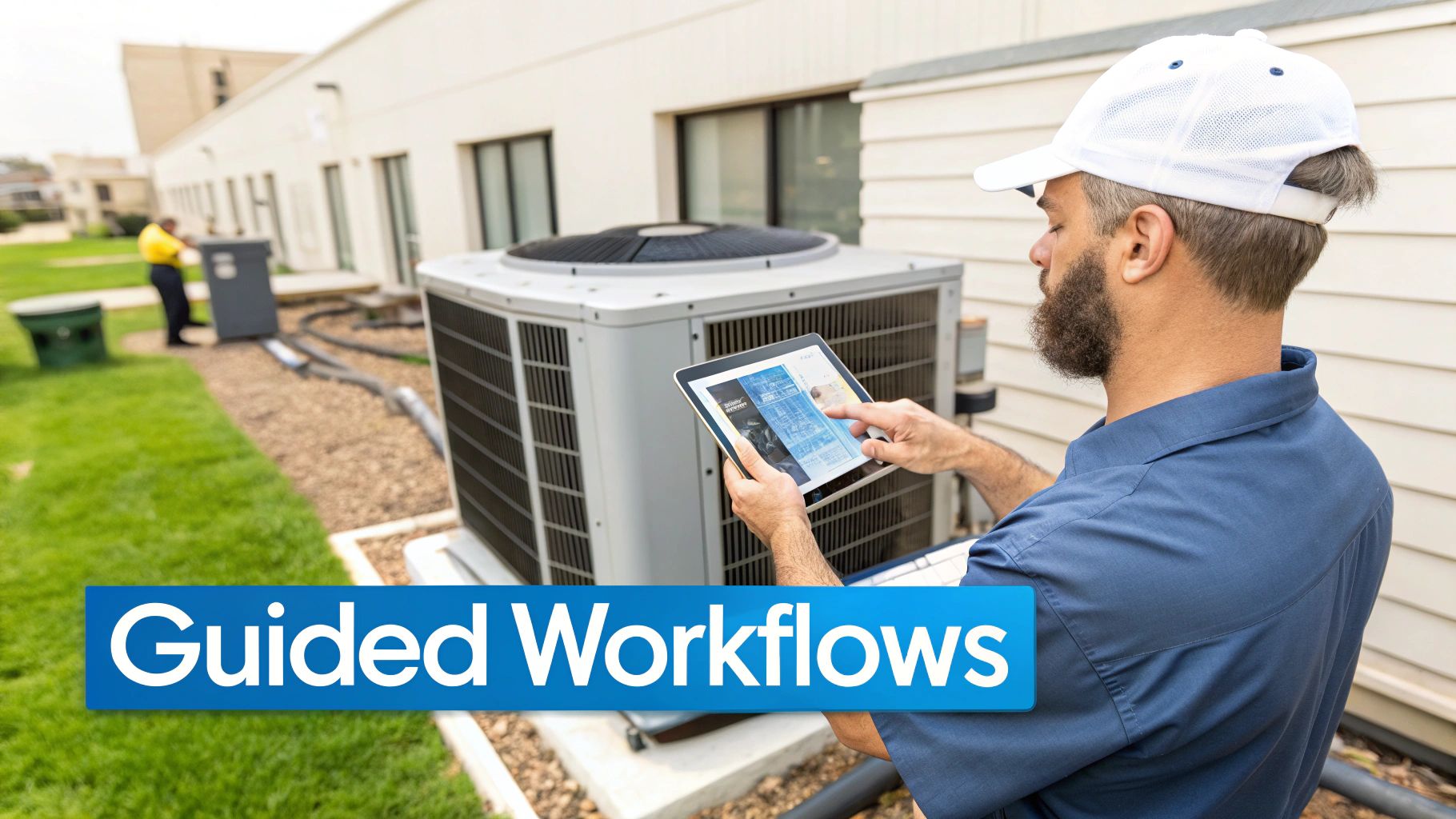 A field service technician uses a tablet for guided workflows while inspecting an outdoor HVAC unit.