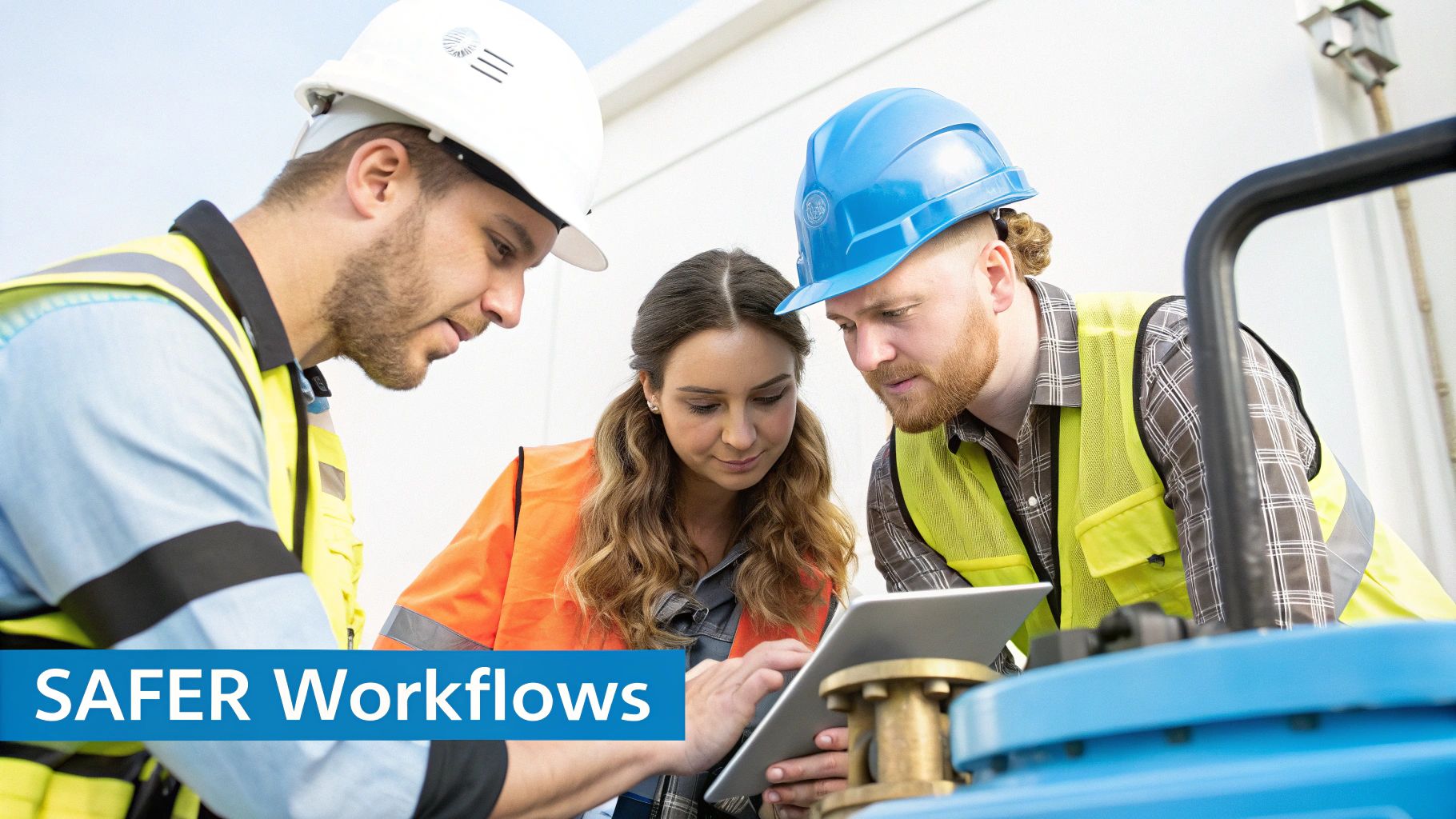 Three industrial professionals in hard hats and safety vests consult a tablet, focusing on safer workflows.