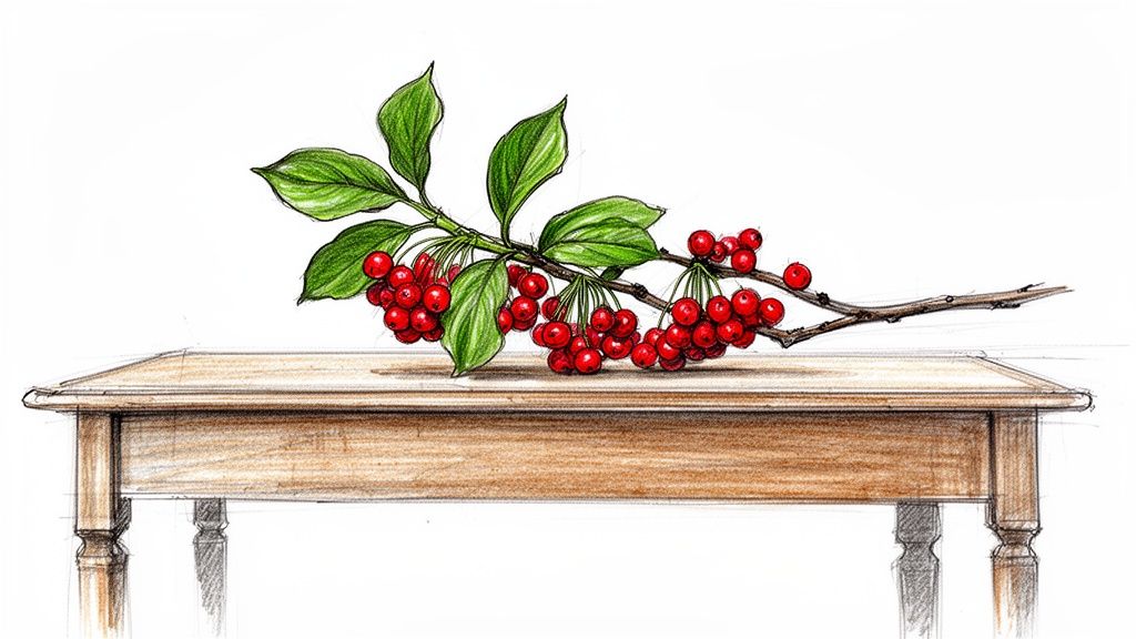 Rysunek przedstawiający gałązkę derenia z czerwonymi owocami i zielonymi liśćmi, spoczywającą na drewnianym stole.