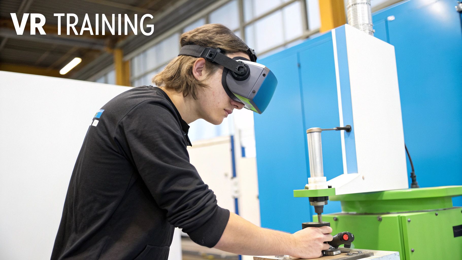 A person using a VR headset for industrial training, with digital overlays of machinery visible.