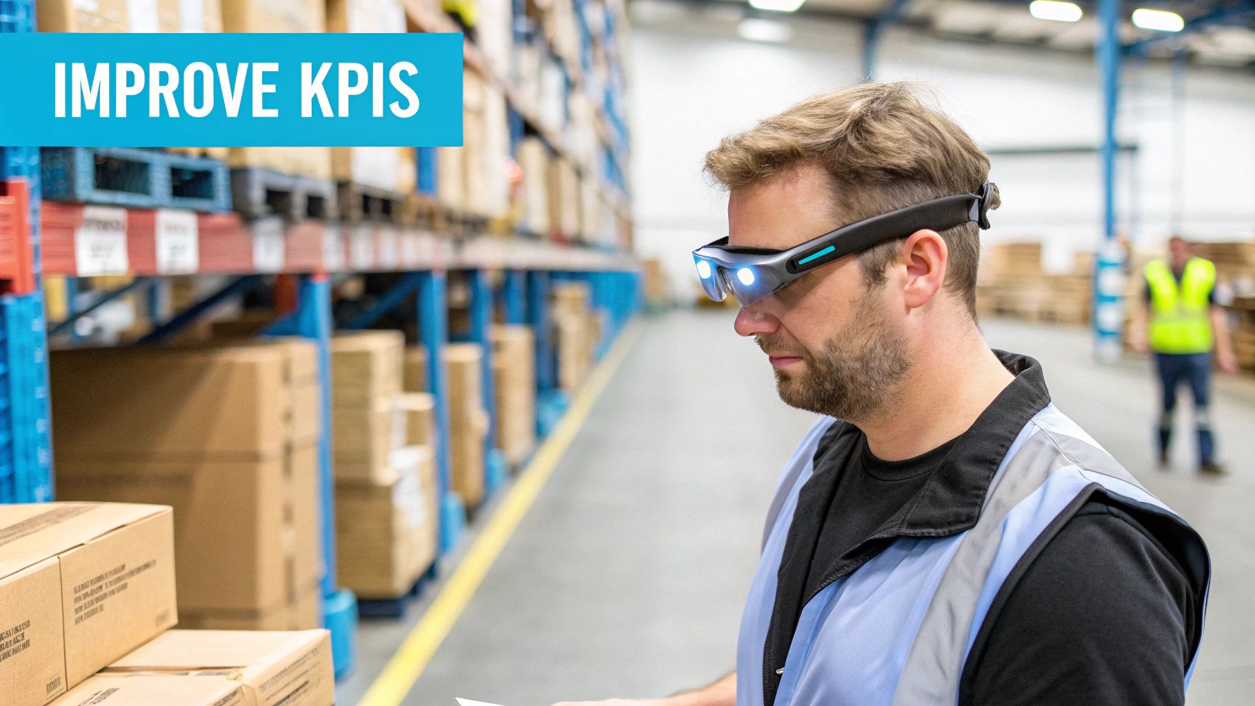 Warehouse worker wearing smart AR glasses scanning boxes to improve operational KPIs and efficiency