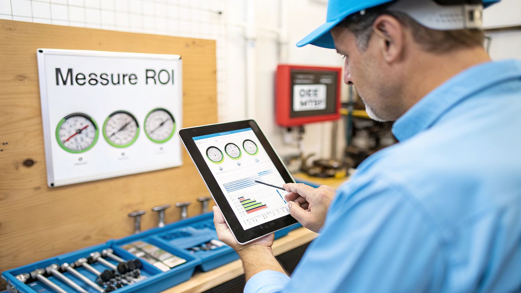 Worker in a blue uniform and hard hat uses a tablet to monitor machinery performance data.