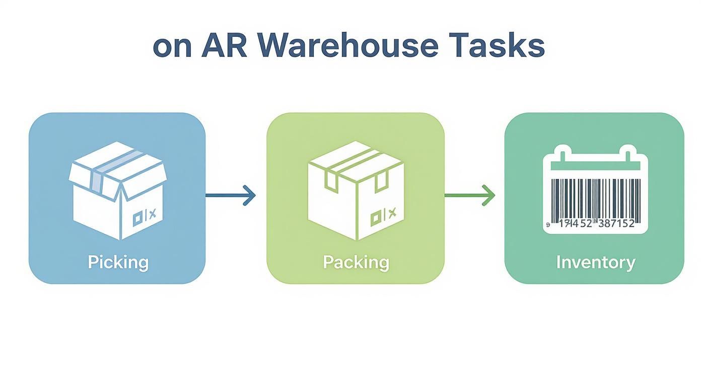 Three-step warehouse workflow showing picking, packing, and inventory management tasks with augmented reality technology