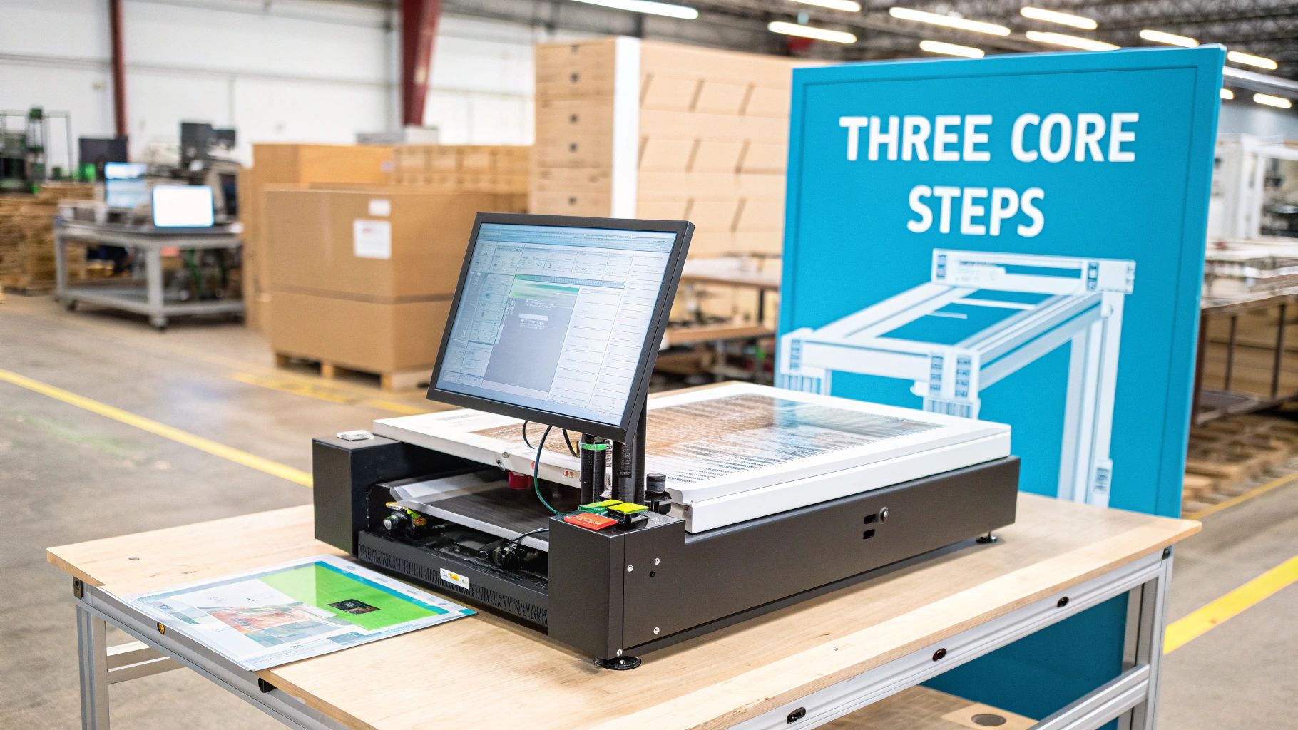 A specialized industrial printer or digital inspection machine with a monitor sits on a workbench in a factory.