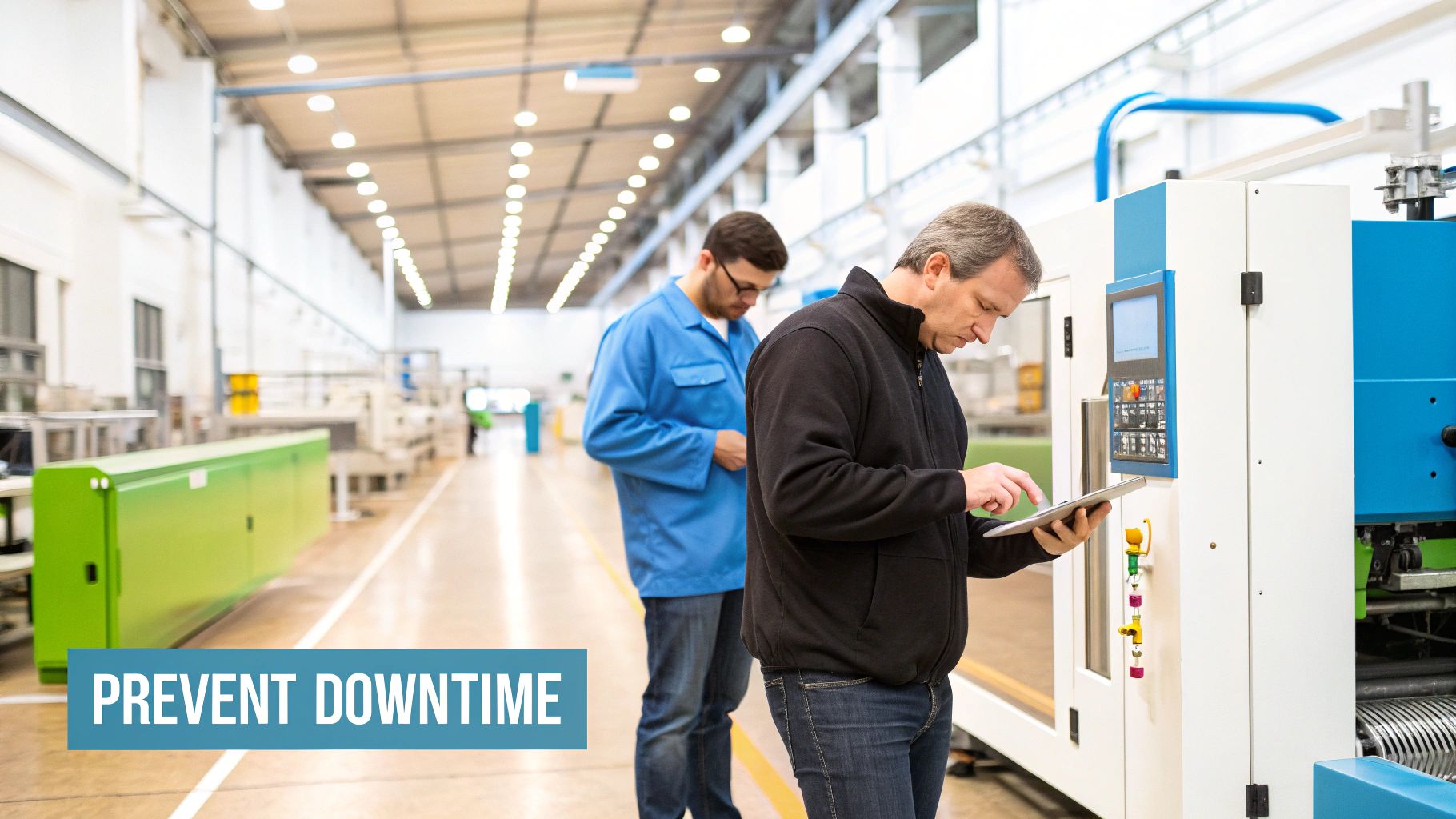 Technician uses a tablet to perform preventative maintenance on industrial machinery in a modern factory.