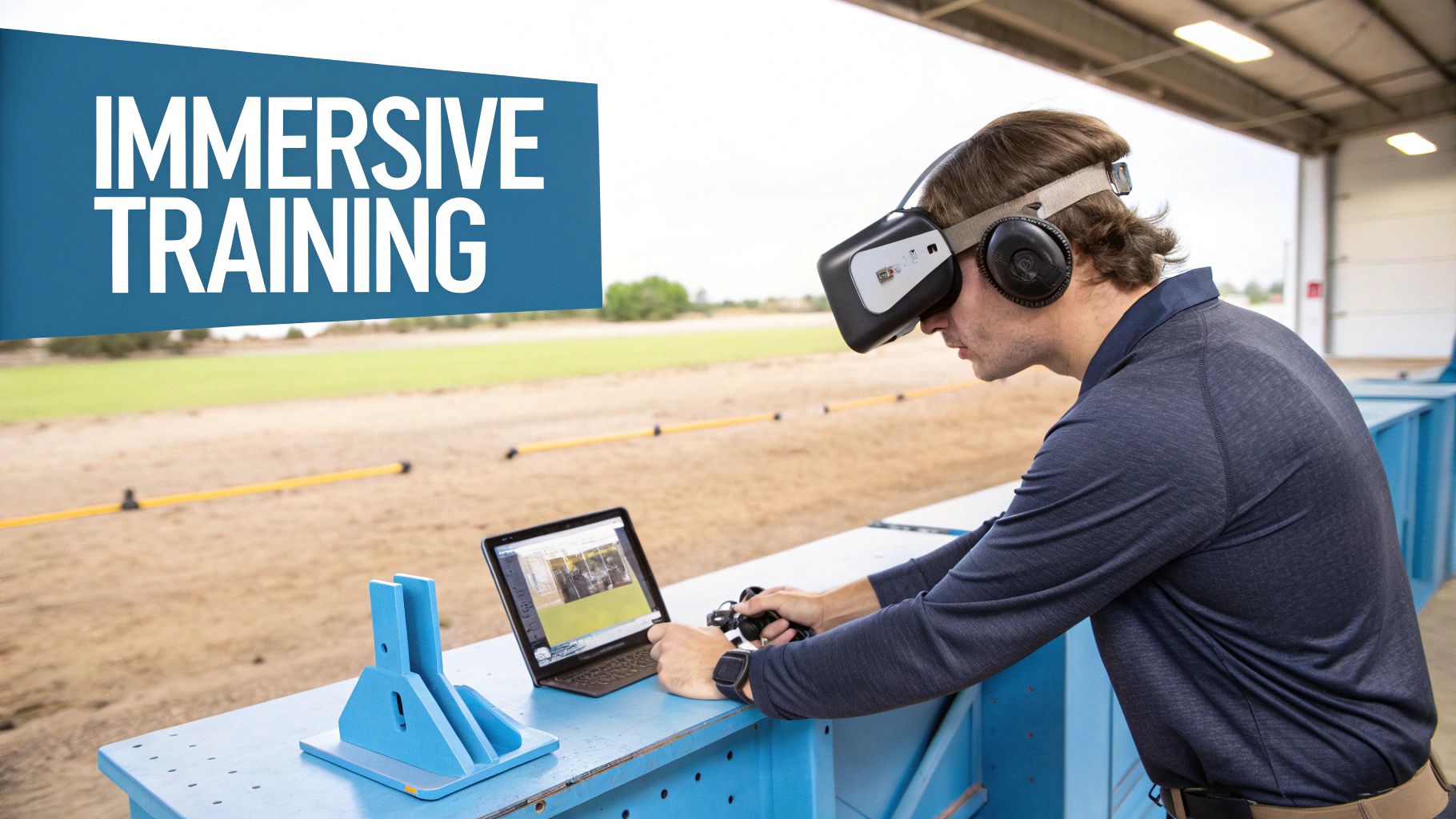 Man wearing a VR headset and headphones, using a laptop and controllers for immersive training outdoors.