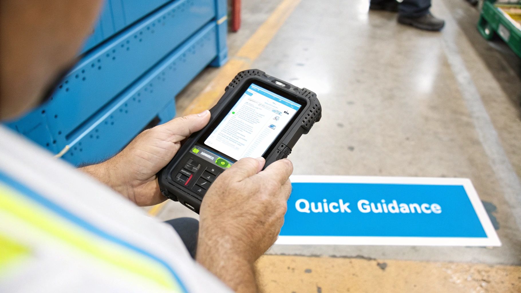 A factory worker holds a rugged industrial handheld device displaying quick guidance instructions on its screen.