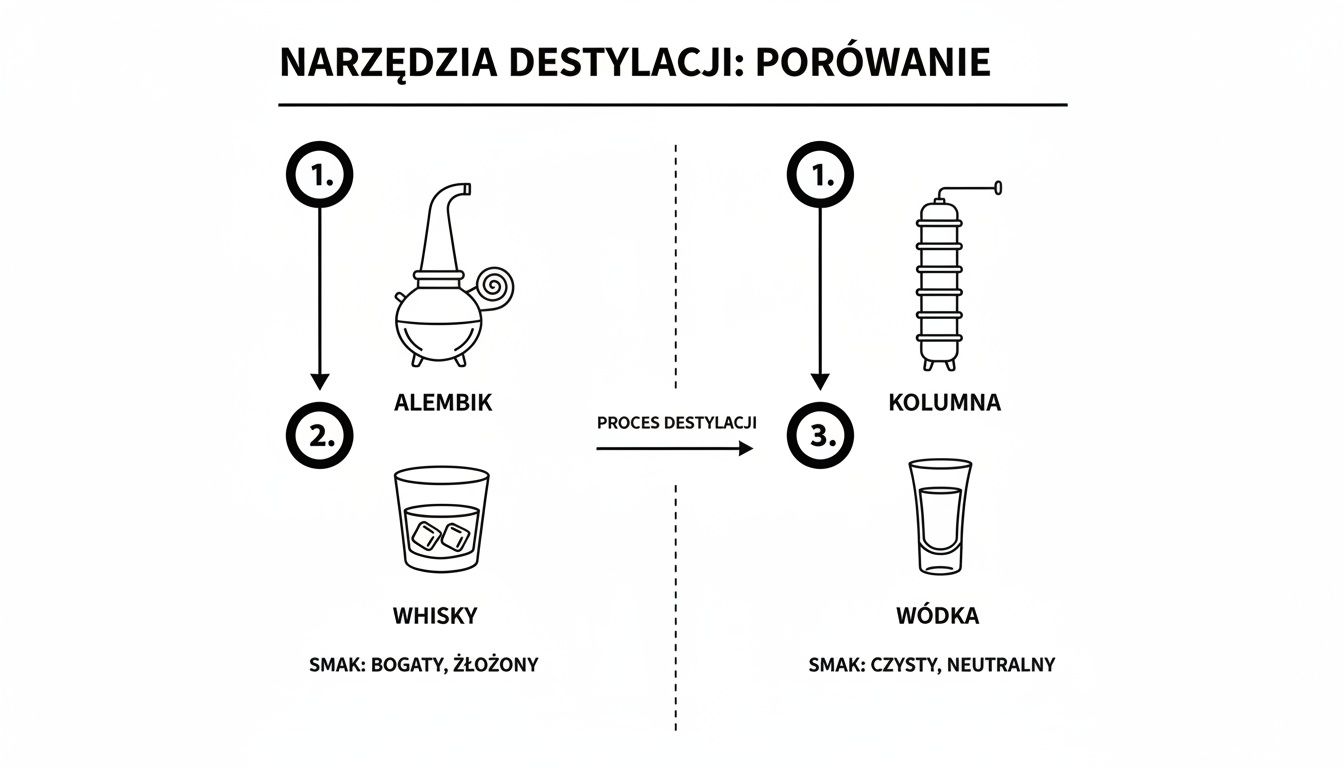 Infografika porównująca narzędzia destylacji: alembik do whisky (smak bogaty, złożony) i kolumna do wódki (smak czysty, neutralny).