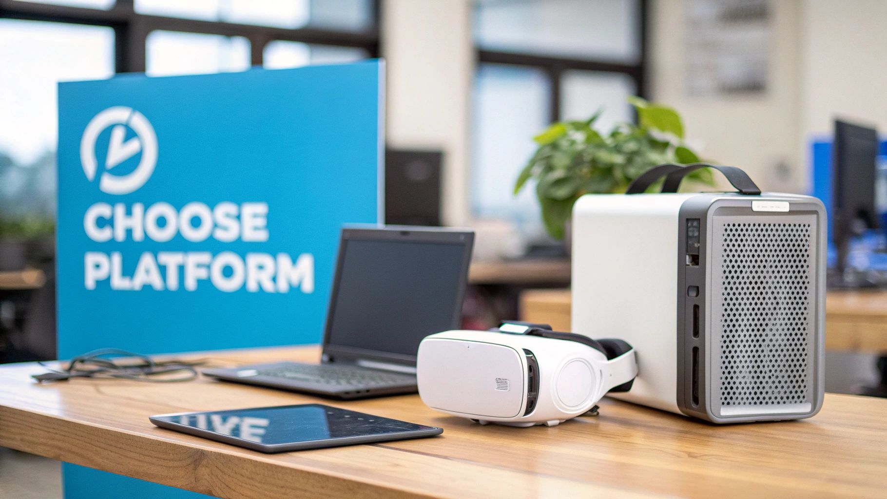 VR headset and computer setup on desk displaying Choose Platform branding for virtual reality development