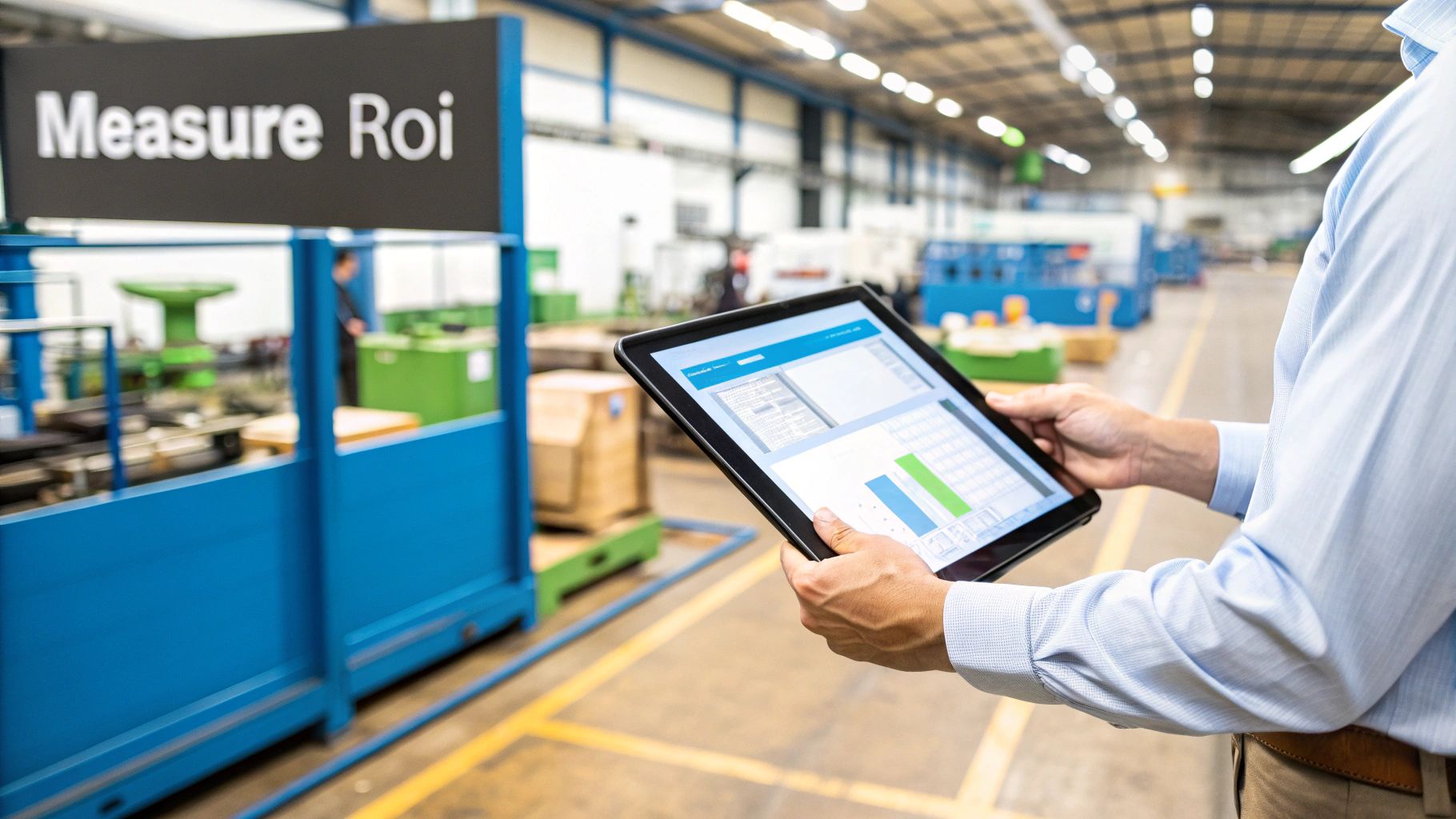 Man in a factory holds a tablet displaying charts and data to measure ROI.
