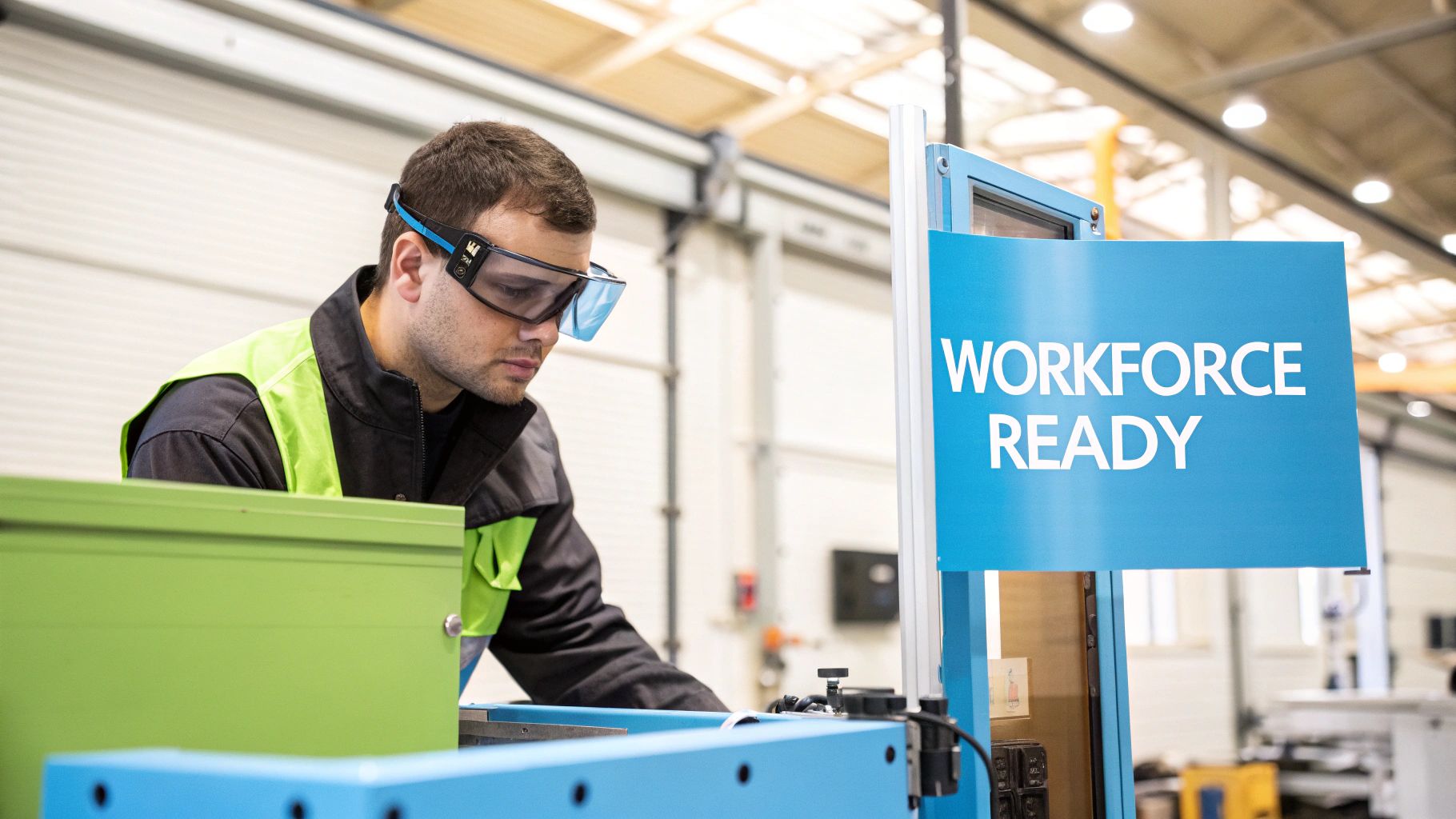A focused man in safety goggles and a hi-vis vest works on machinery with a "WORKFORCE READY" sign.