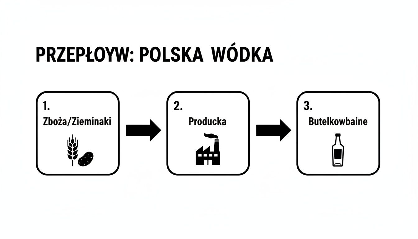 Schemat przedstawiający proces produkcji polskiej wódki, od zbóż/ziemniaków, przez produkcję, do butelkowania.