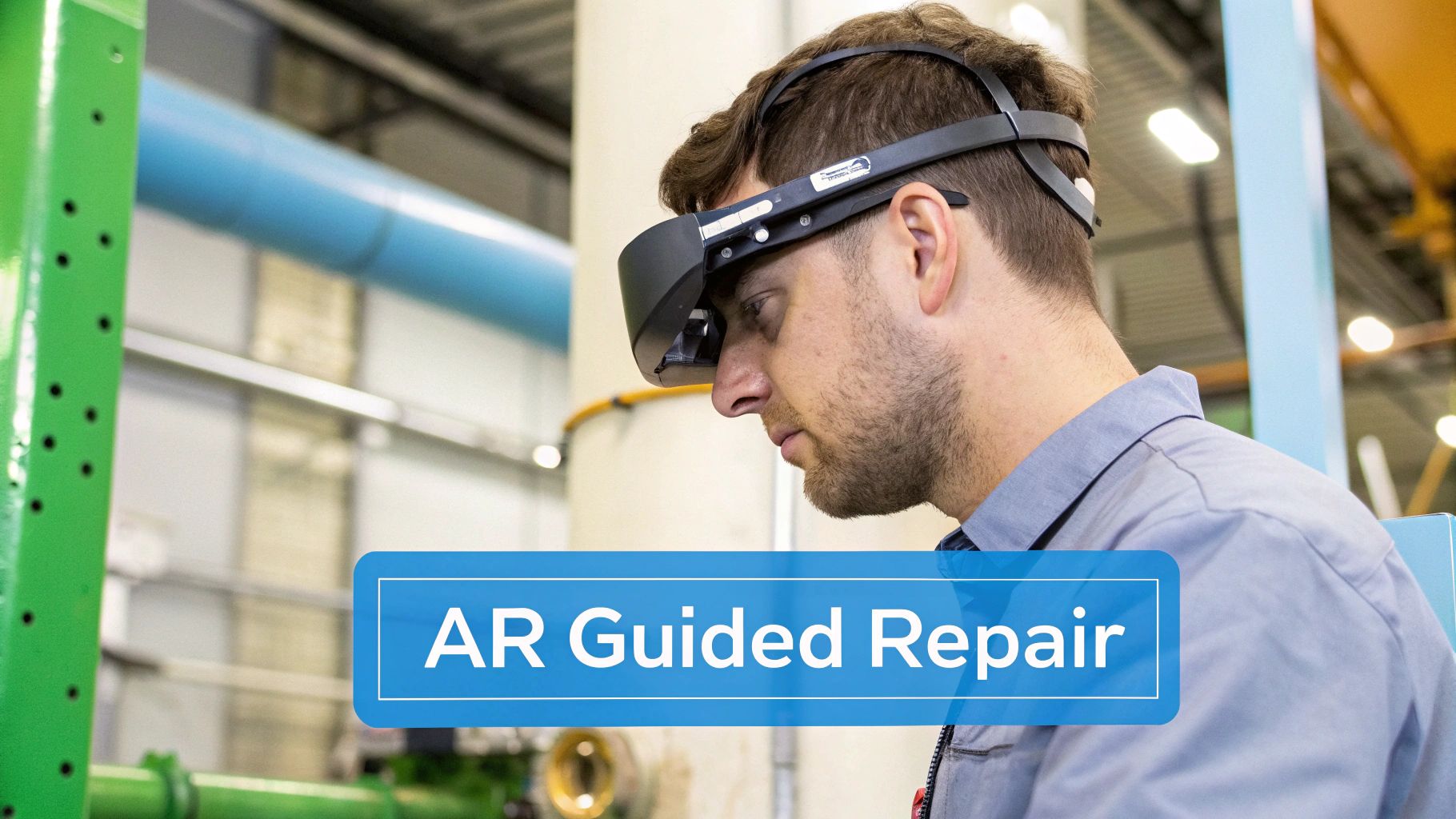 A technician wearing AR glasses inspects industrial machinery with digital overlays.