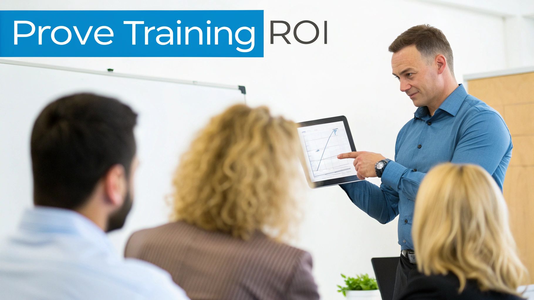 Team discussing metrics on a whiteboard, symbolizing ROI calculation