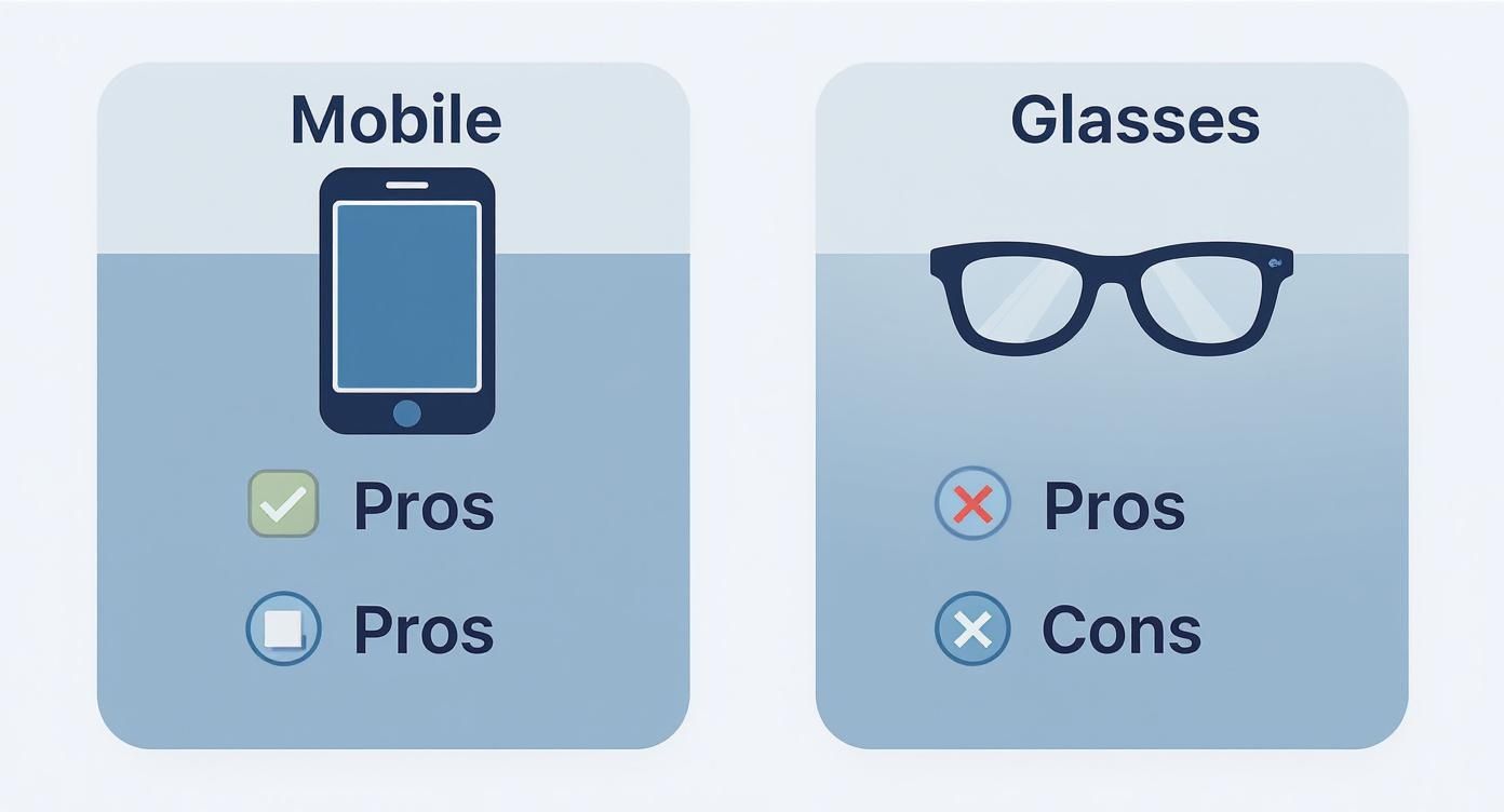 Infographic comparing the pros and cons of using mobile devices versus smart glasses for augmented reality.