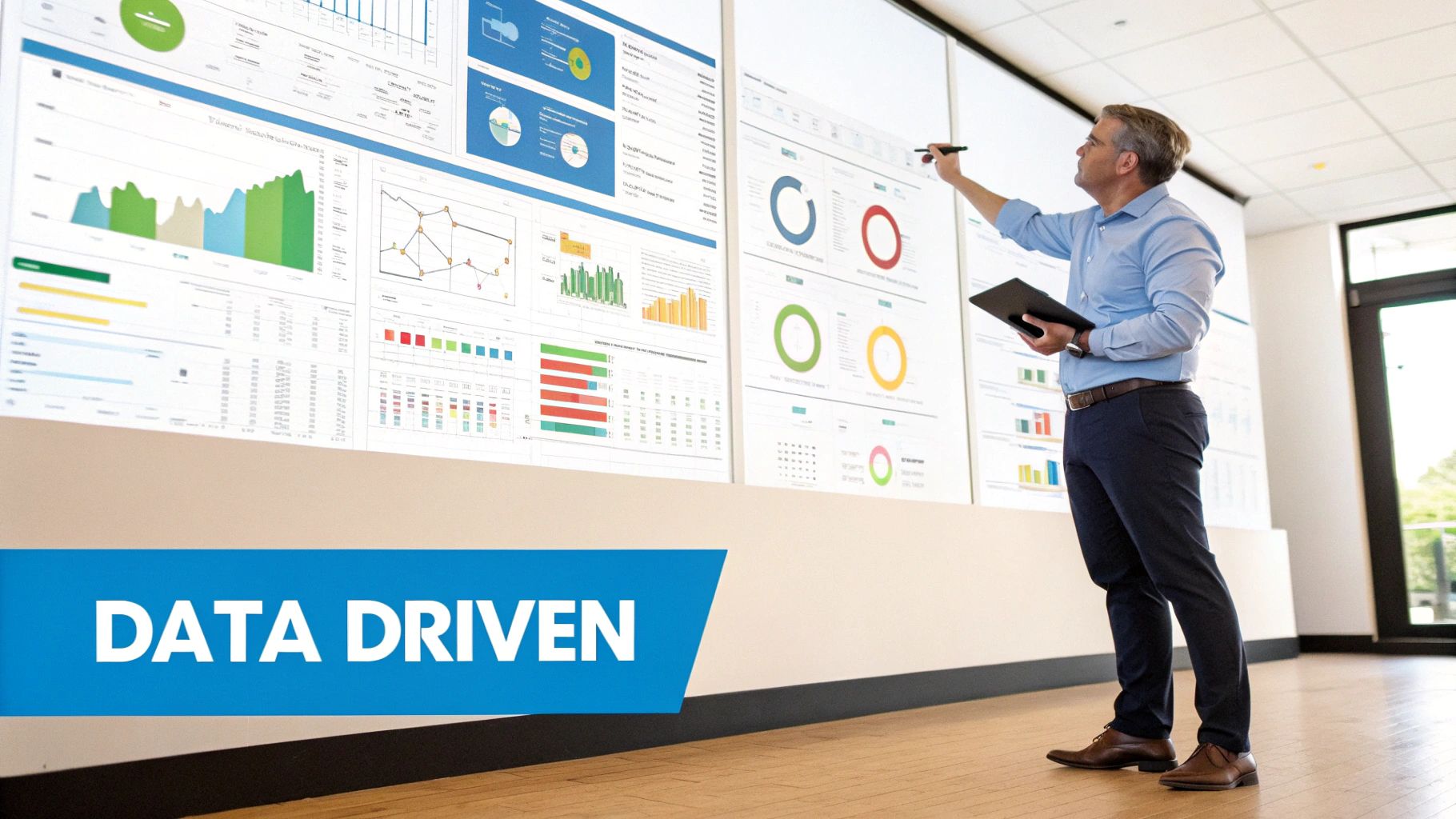 A businessman interacts with a large digital display showing various data visualizations, charts, and graphs in an office environment.