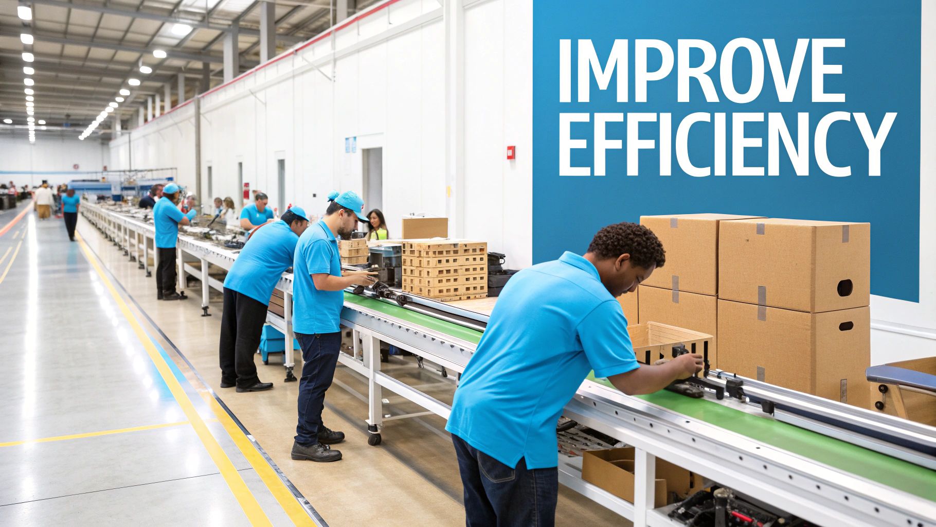 Workers in blue uniforms meticulously assemble items on a conveyor belt in a large, efficient factory.