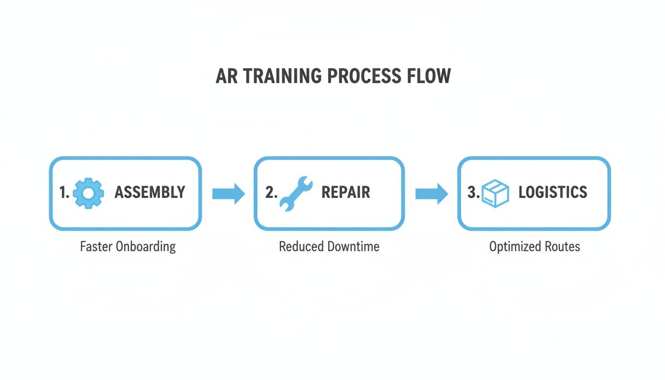 Flow diagram showing AR training applications for assembly, repair, and logistics, highlighting benefits like faster onboarding.