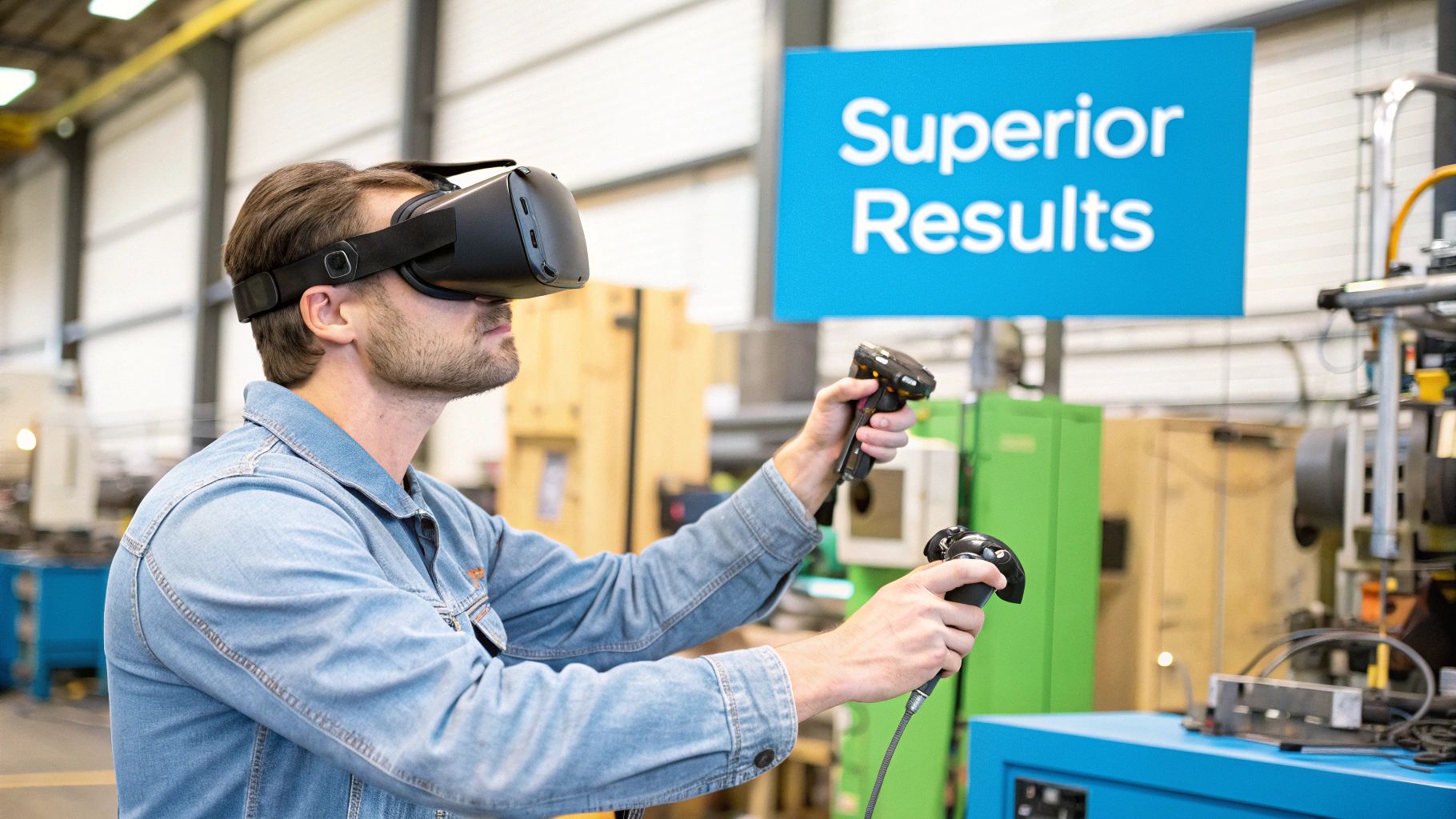 A person using a VR headset for training, with digital overlays indicating skill mastery and performance tracking.