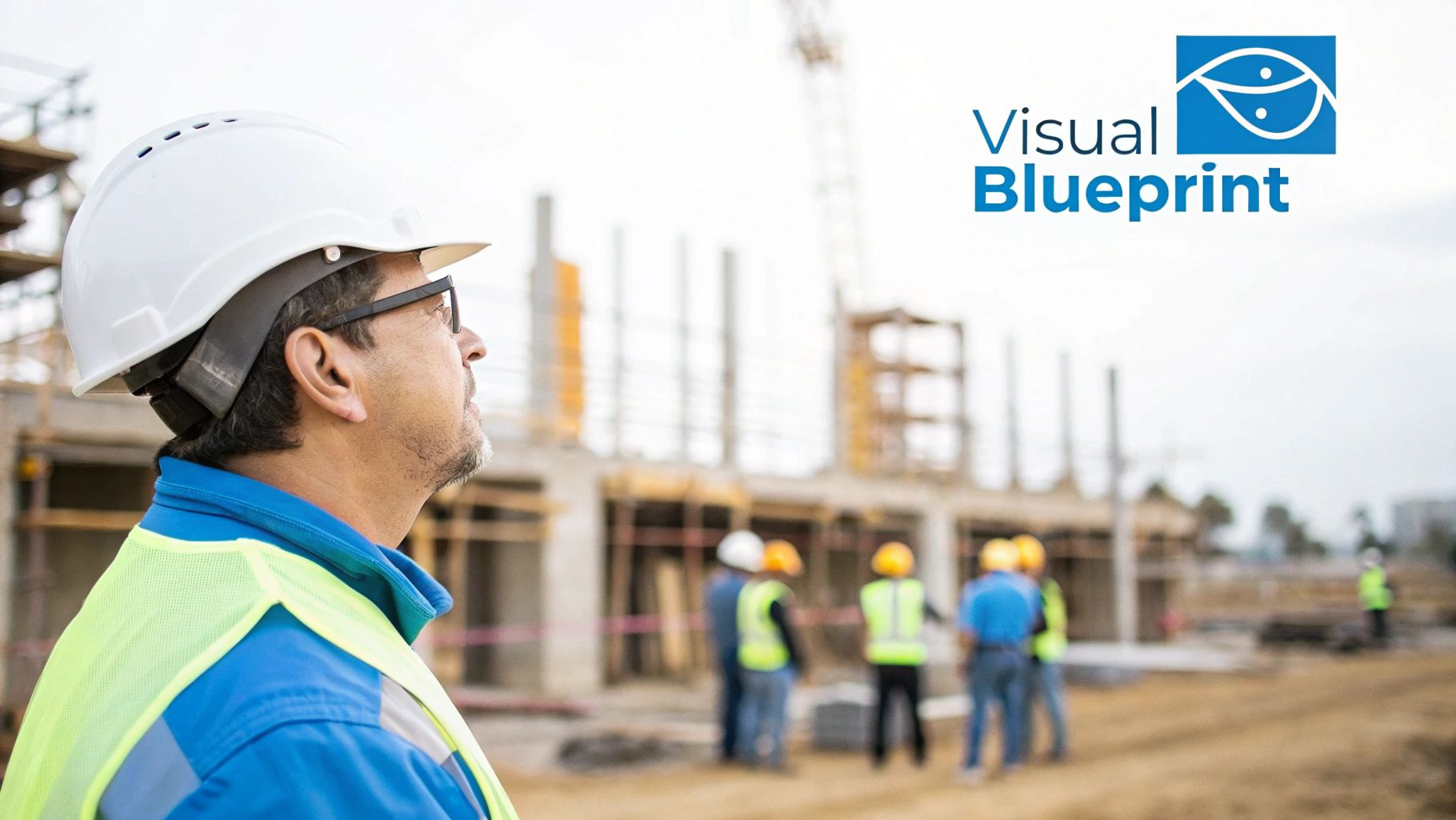 A construction worker in a hard hat and safety vest looks up at a building site.