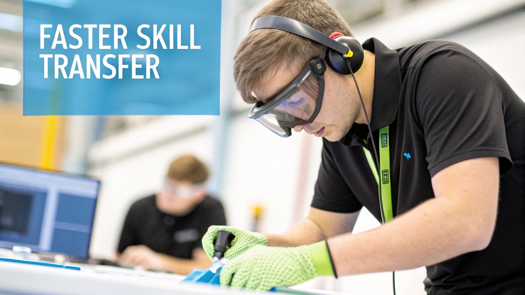 A worker in safety goggles and headphones meticulously performs a task with green gloves.